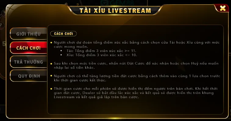 Tài Xỉu Live Tại Gem88 Đấu Trường Cá Cược Đỉnh Cao Cho Cao Thủ